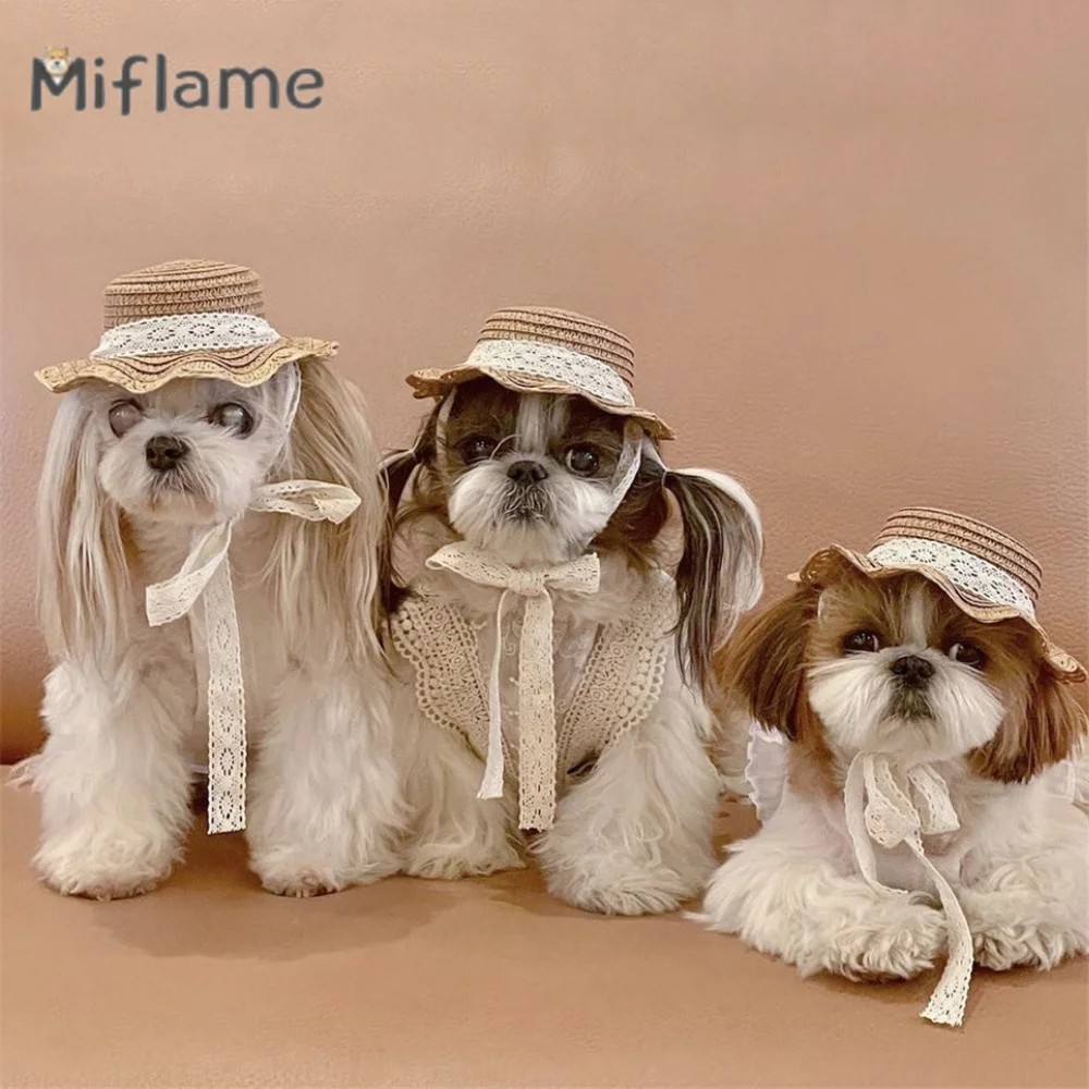 

Miflame Fashion Pet Hat Small Dogs Sunscreen Sun Hat Teddy Bichon Schnauzer Maltese Pastoral Decorative Cats Dogs Photo Headwear