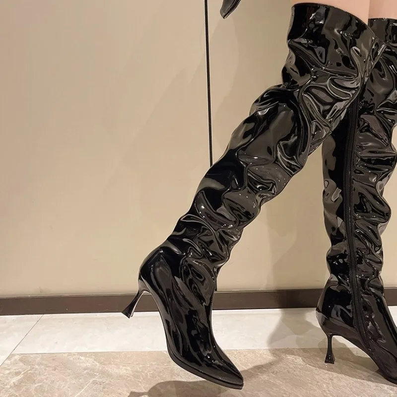 

Black Women Over The Knee Boots High Heels Patent Leather Solid Pointed Toe Stiletto Side Zipper Sapatos Femininos Zipper New
