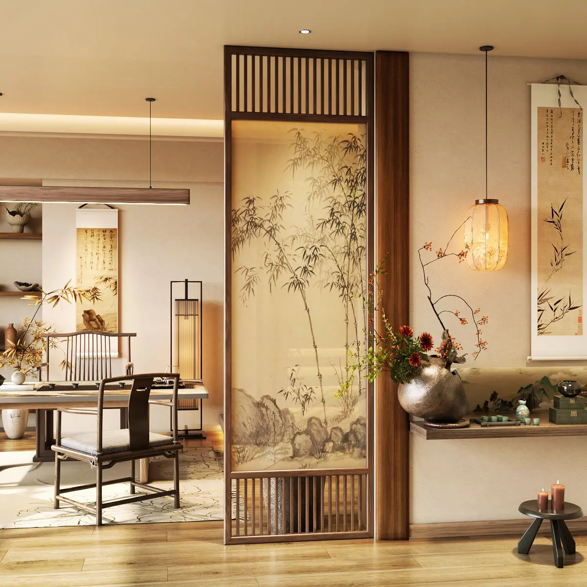 New Chinese-style entrance entrance partition solid wood screen living room bamboo upright zen tea room office