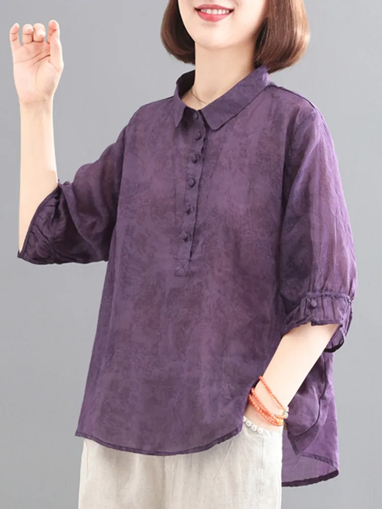 Women Summer Casual Shirt New Arrival 2023 Vintage Style Turn-down Collar Loose Female Half Sleeve Cotton Tops Shirts B2884