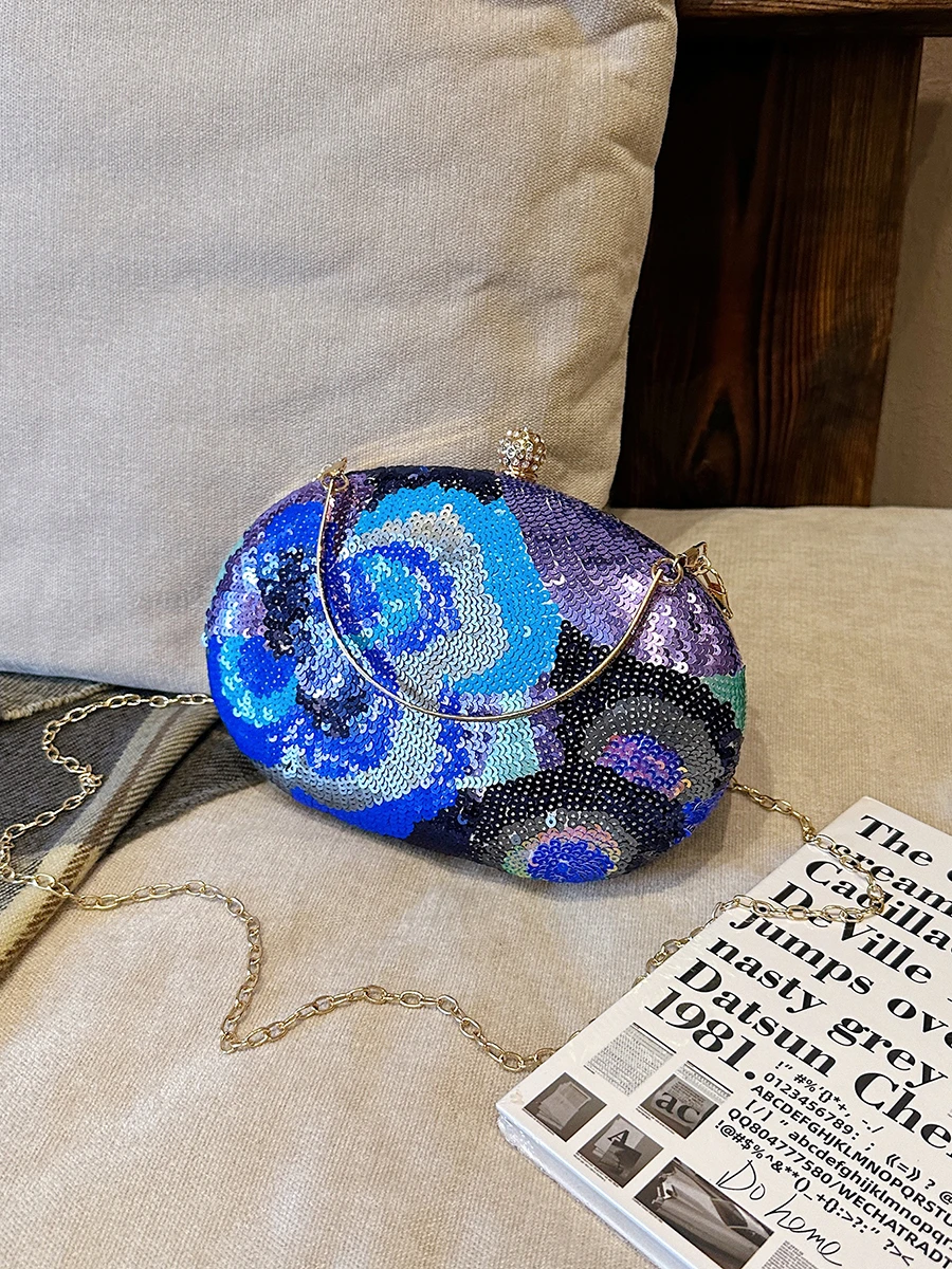 Women Van Gogh Print Sequin Evening Bag Oval Hardcase Metal Top Handle Chain Crossbody Clutch Wedding Party Handbag 2026 New