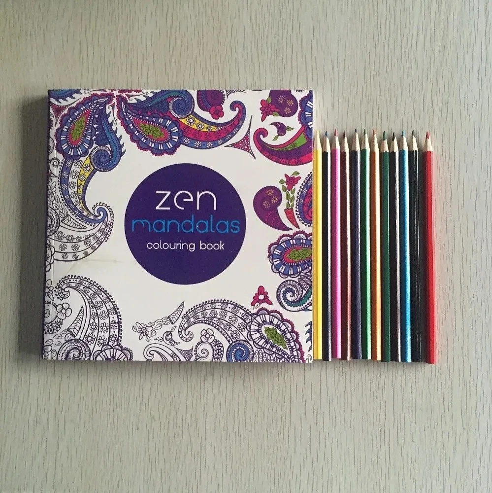 12 Color Pencils + 128 Pages Zen Mandalas Coloring Book For Adults Children Relieve Stress Kill Time Secret Garden Art Book