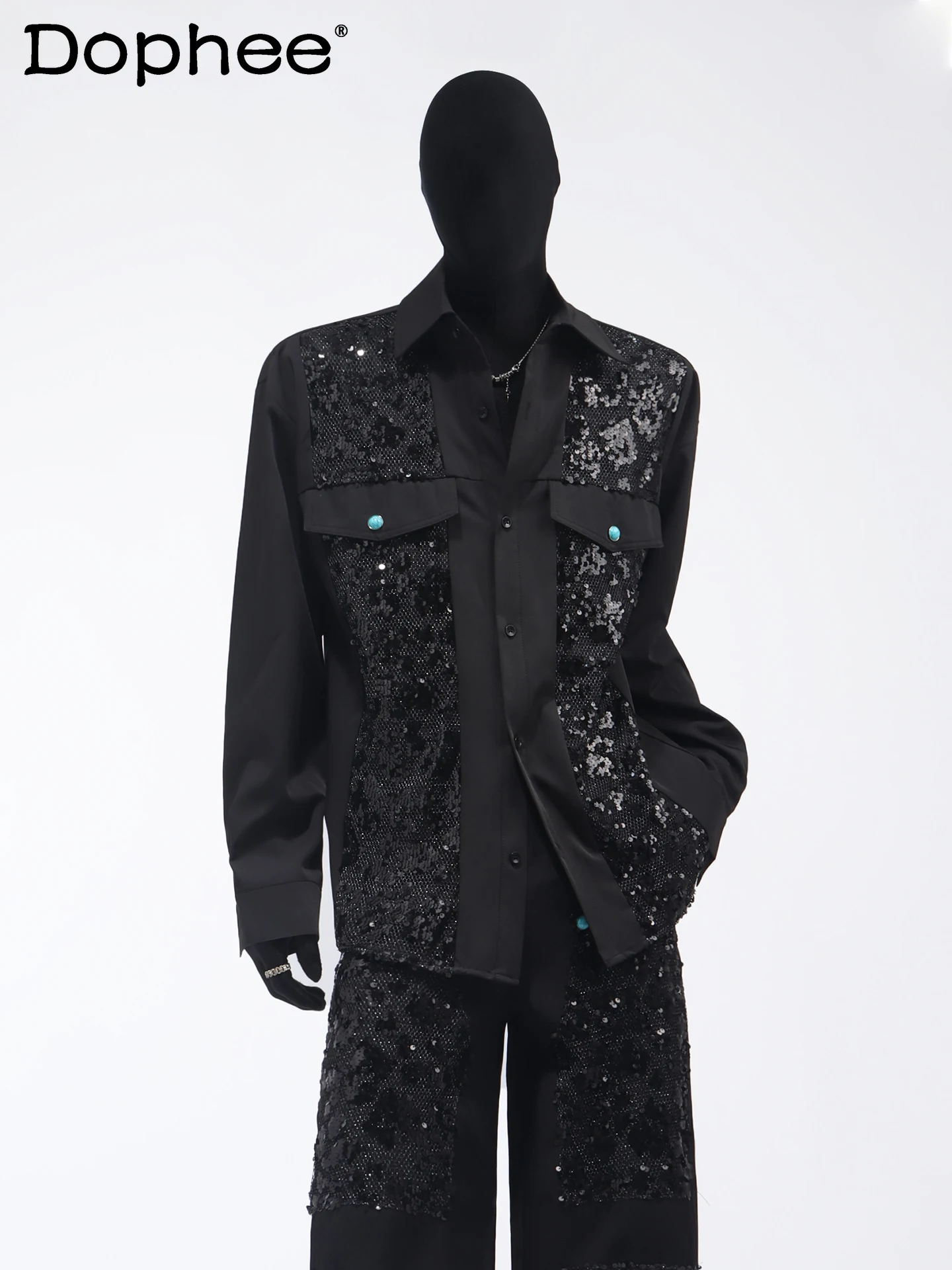 

2025 Autumn New High-end Heavy Sequin Patchwork Long Sleeve Shirt Trendy Men's Loose Casual Long Pants Set