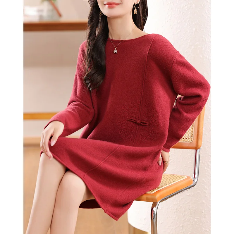 

Fall/Winter 100% Pure Wool Sweater Womens Thick Round Neck Cocoon Loose Long Skirt Knitted Dress