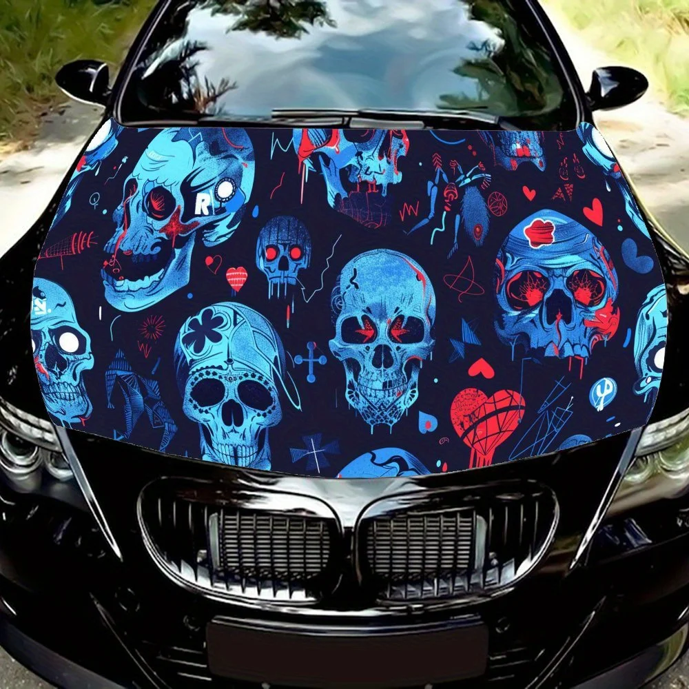 

Персонализированные автомобильные виниловые обертывания из ПВХ с синим и красным черепом для грузовиков, автомобилей и внедорожников, самоклеящаяся водонепроницаемая наклейка на капот автомобиля, декоративная