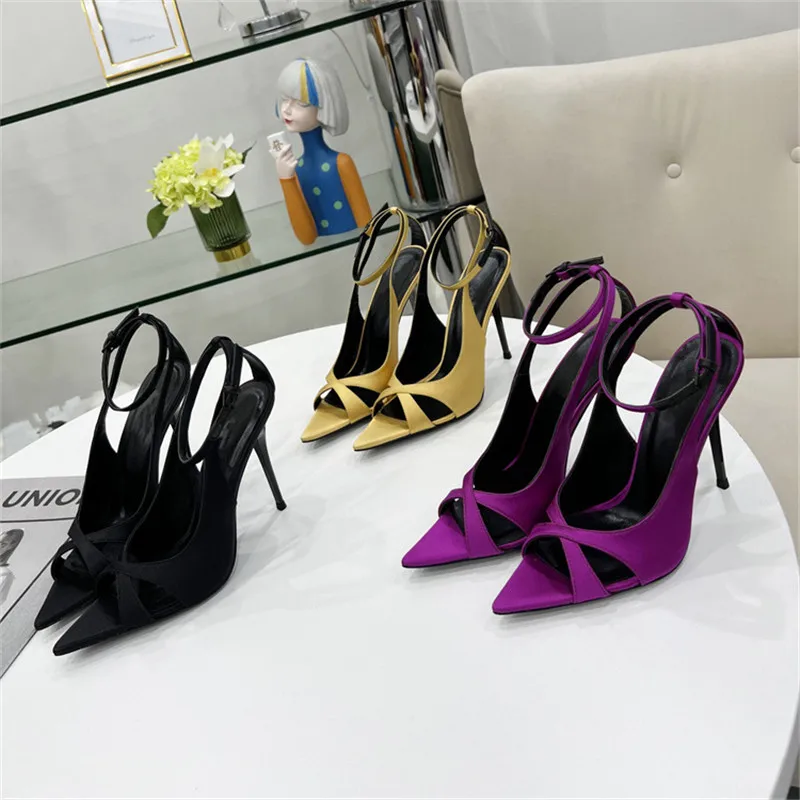 2023 Fashion Luxury Design Women Shoes Thin High Heel Pointed Toe Ladies Stilettos Cross Tied Sandals Sexy Chaussures Femme