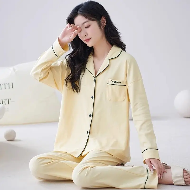 100% Cotton Pajamas Women's Autumn Winter Pyjamas Women Long-sleeved Trousers Sleepwear Cardigan Lapel Simple Loose Loungewear