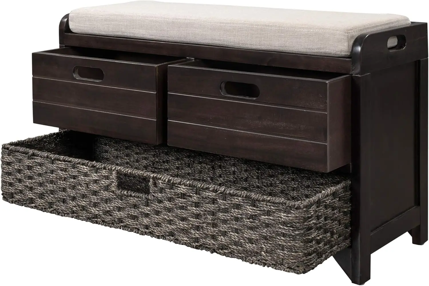 오토만이 있는 수납 벤치, 팜하우스 슈즈 벤치, 탈부착 가능한 바구니 및 서랍 2개, 에스프레소 색상, 완전 조립됨