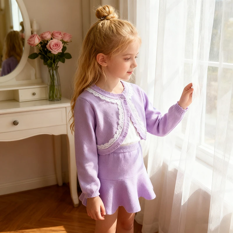 

2025 New Spring Autumn Knit Sweater Baby Girls Cardigan Coat Children 2-7Y One Button Ruffle Birthday Party Kids Sweet Shawl