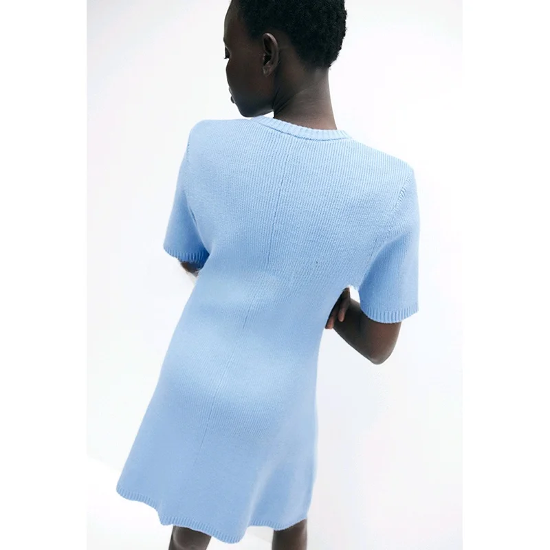 Spring Summer Women's Simple Sle round Ne ort Sve Front Button Ribbed Knitted Dr High Waist A-Line Skirt Polyeste...