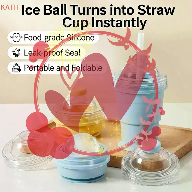2026New Portable Foldable Ice Ball Cup With Built-in Straw Food-Grade Silicone Ice Maker Mold Summer Outdoor Travel Tumbler