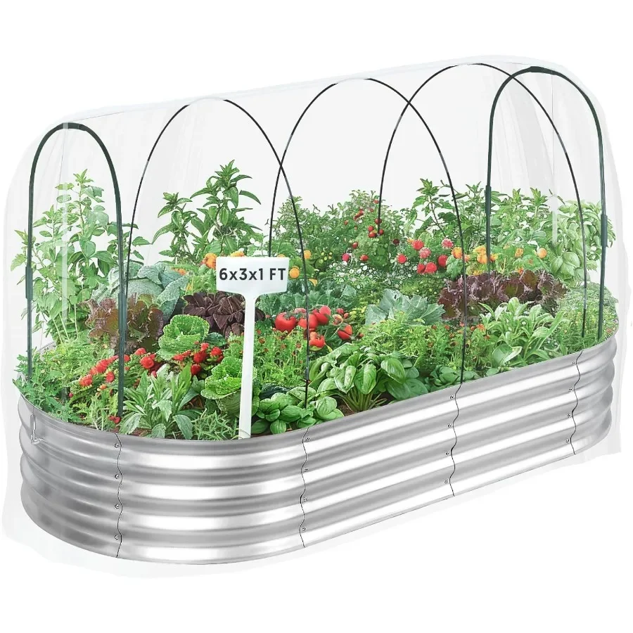 

Raised Garden Bed with Greenhouse Frame and 3 Covers 6x3x1 FT Garden Planting Box Galvanized Metal Oval Tall Planter Box for Ou