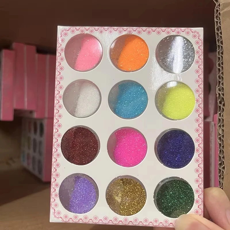12 สี/กล่องสีทึบ Glitter ผงอะคริลิคแกะสลักผง 3D ประติมากรรมผงเล็บแกะสลักผง