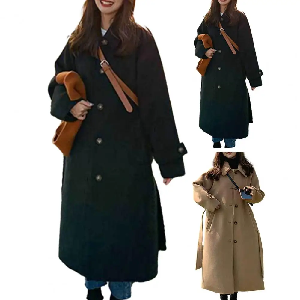 2024 Herfst Winter Elegante Vrouwen Dubbele Rij Knopen Effen Trenchcoat Vintage Turn-Down Kraag Losse Trenchcoat Met Riem