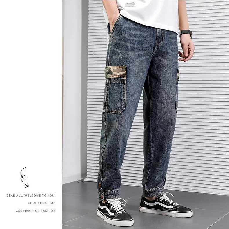 2024 New Loose Korean Camo Denim Harem Pants for Men Spring Autumn Vintage Retro Casual Workwear Jeans Cargo Pants for Men