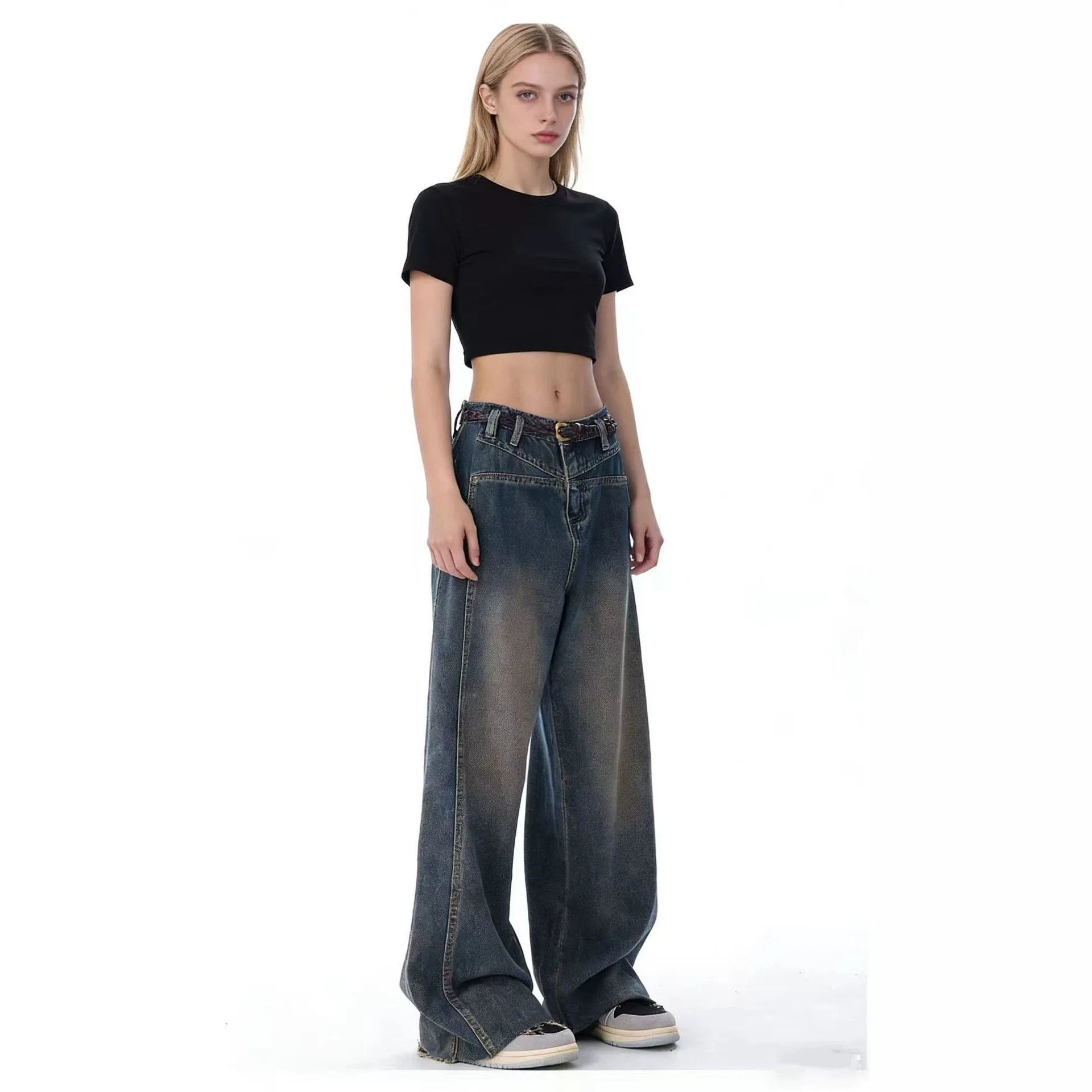 Women Navy Solid High Waist Straight Simple Basic Casual Trendy Daily Floor Length Jeans Pants Female Vintage Denim Trousers