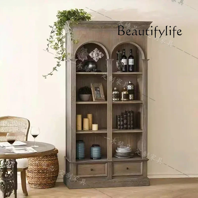 

HK American light luxury solid wood bookcase modern simple living room old locker French retro arched decorative cabinet
