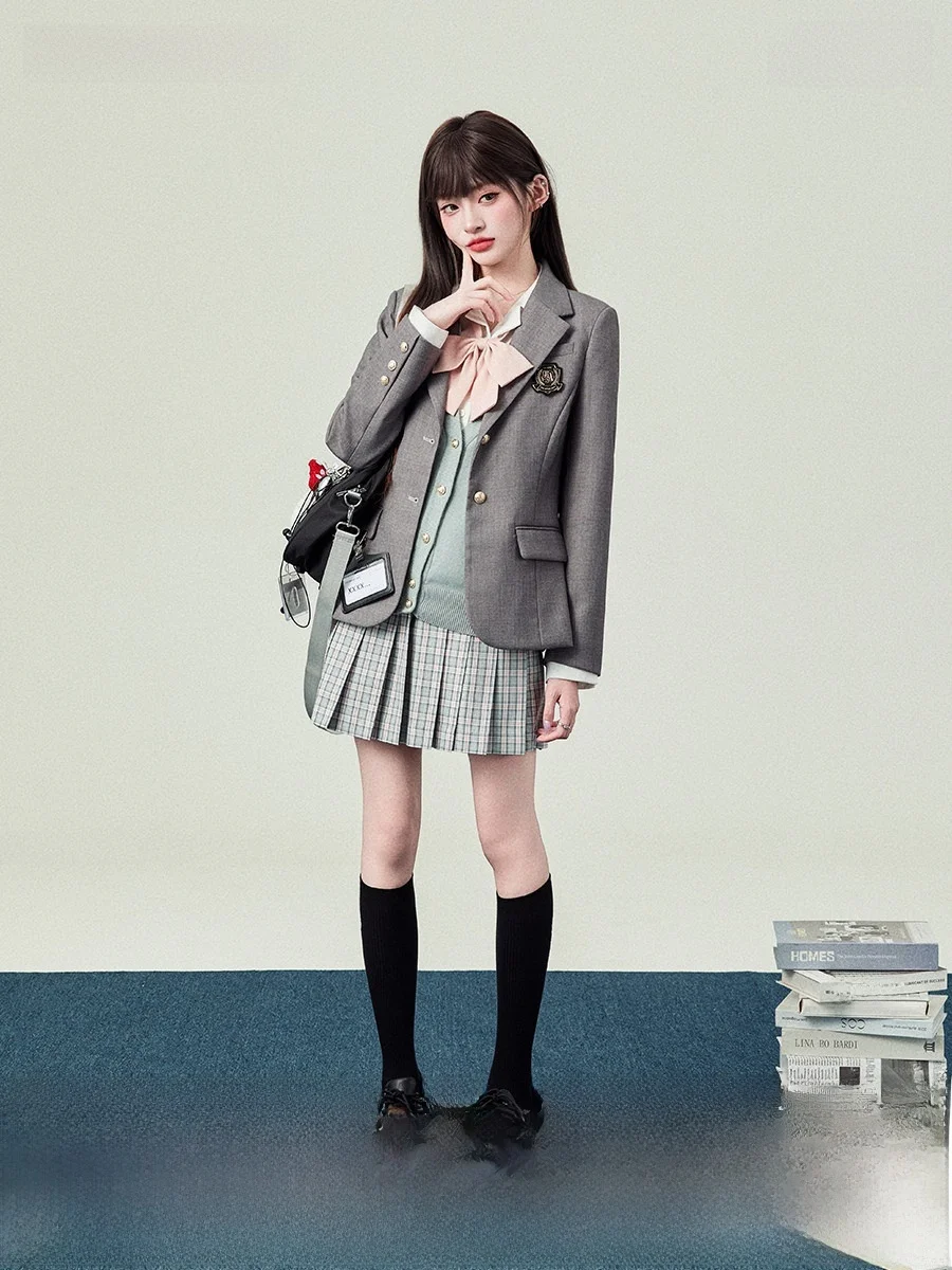 

Женский легкий школьный костюм с двумя пуговицами оригинального дизайна, джаток свободного покроя, длинный свек, классический воротник, повседневная одежда