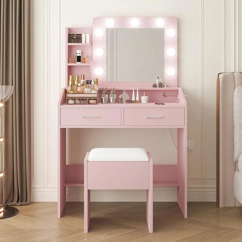 

LED-lit Makeup Vanity Desk with Power Outlet, Large Mirror, 7 Drawers, Cushioned Stool, Adjustable Color Lights, Hairdryer Holde