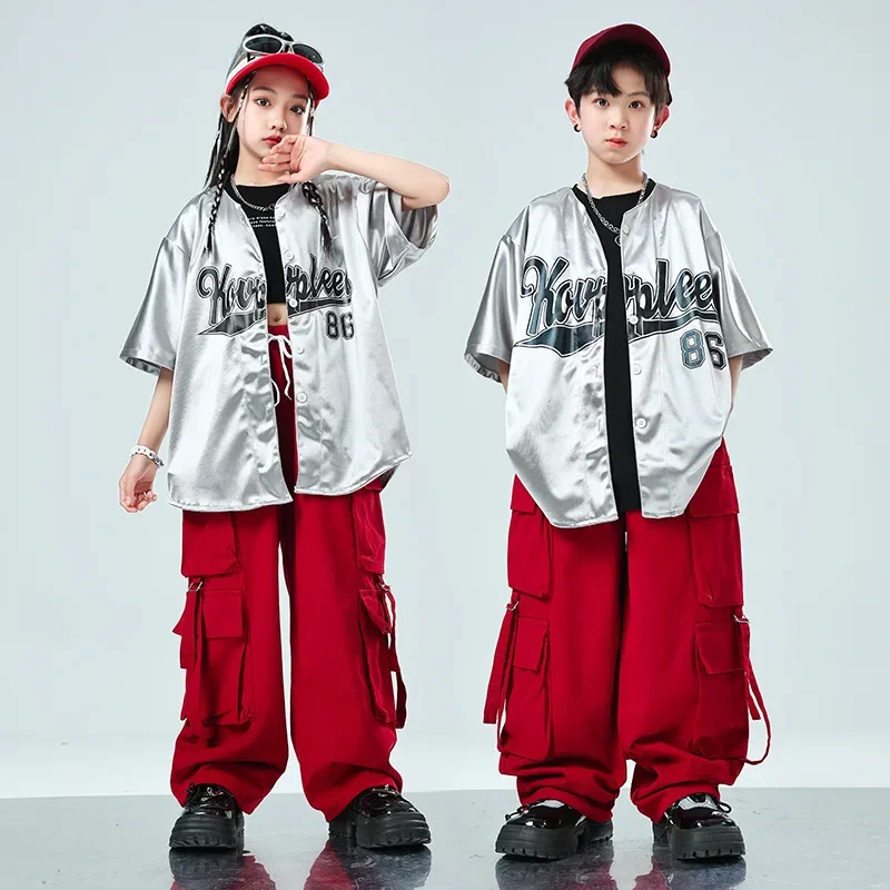 

Kids Boy Girl Baseball Silver Shirt T-shirt Cargo Pants Sets Suits Children Hip Hop Jazz Performance Clothing Costume Tracksuits