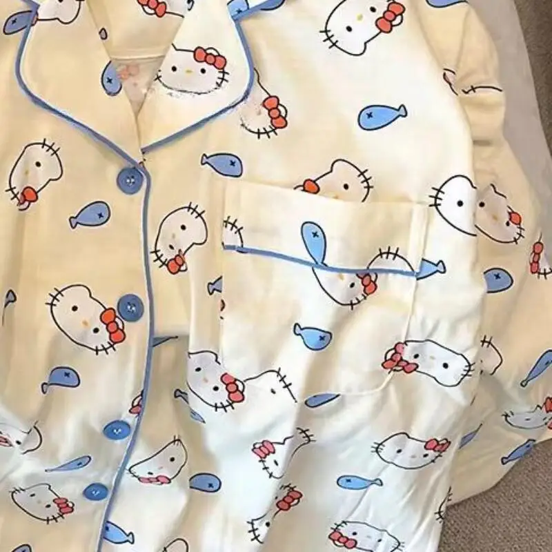 Sanrios مرحبا كيتي طويلة الأكمام منامة 2 قطعة Kawaii طباعة كاملة الكرتون نمط الخريف الطفل السراويل لطيف فتاة لينة ملابس المنزل