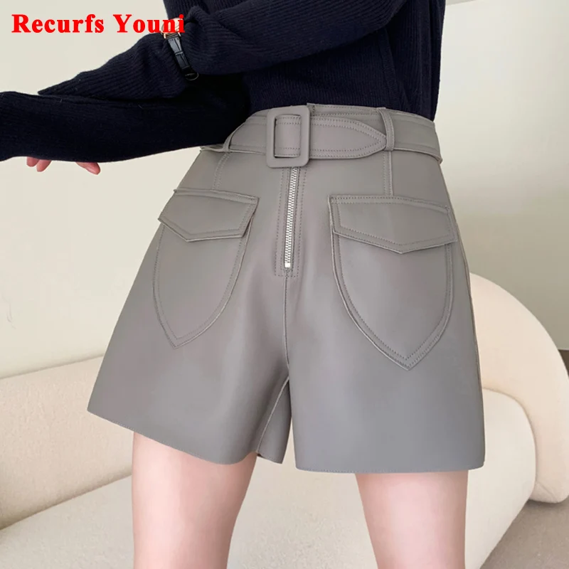 Lambskin Shorts 2024 Women Autumn Harajuku Japanese Straight Pocket Versatile Fashionable Leather Pants Grey Calzones Mujer Ropa