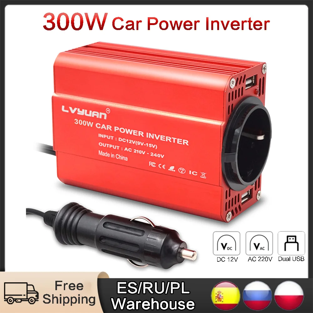 300W Portable Car Inverter DC12V TO AC220V 50Hz Power Adapter Transfomer Dual USB 3.1A Converter EU Universal Socket inversor