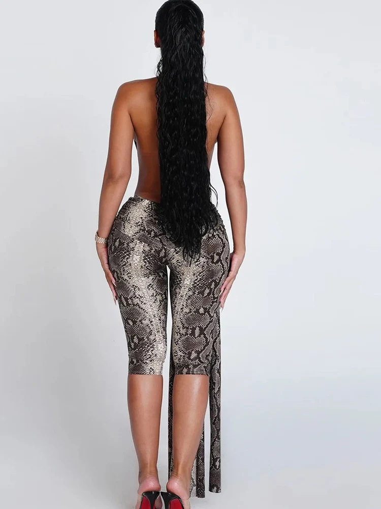 Kricesseen Sexy Deep Plunge Halter Snake Print Rompers For Women Sexy Backless Fitted Playsuits With Long Straps Night Out Wear