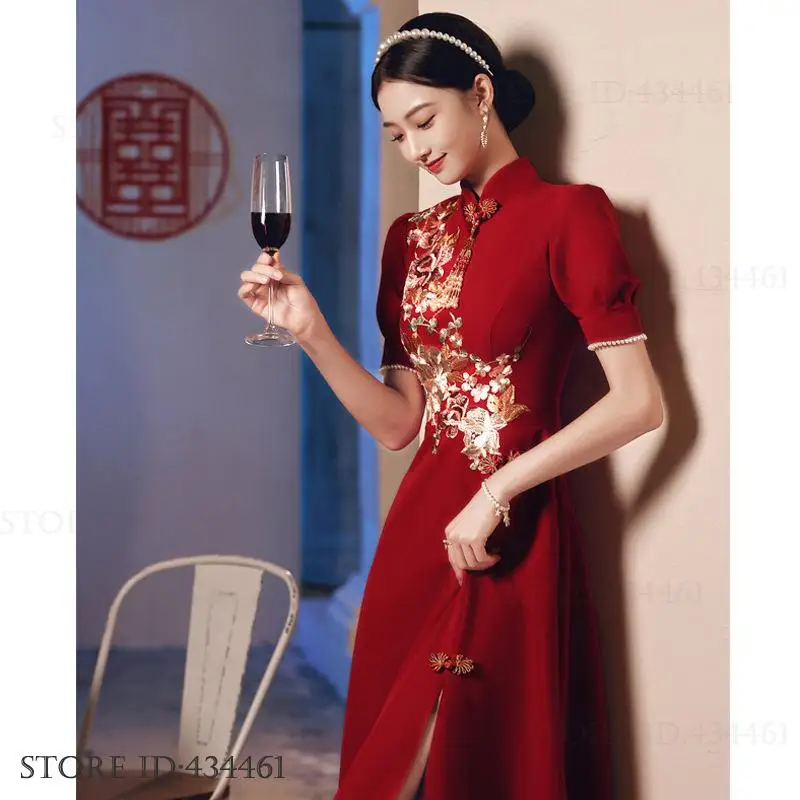 Chinese Style Female Long Cheongsam Dress Evening Party Dress Vintgae Elegant Long Prom Dress Applique Embroidery Wedding Dress