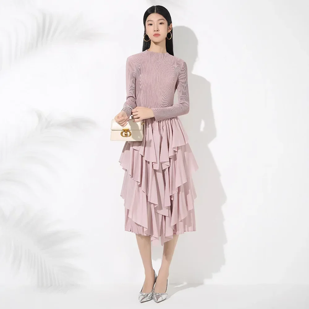 Miyake Pleated Women's Dress Folds Fashion Designer Loose Long Sleeve Female Elegant Pleated Dresses 2024 Autumn New Cake Skirt