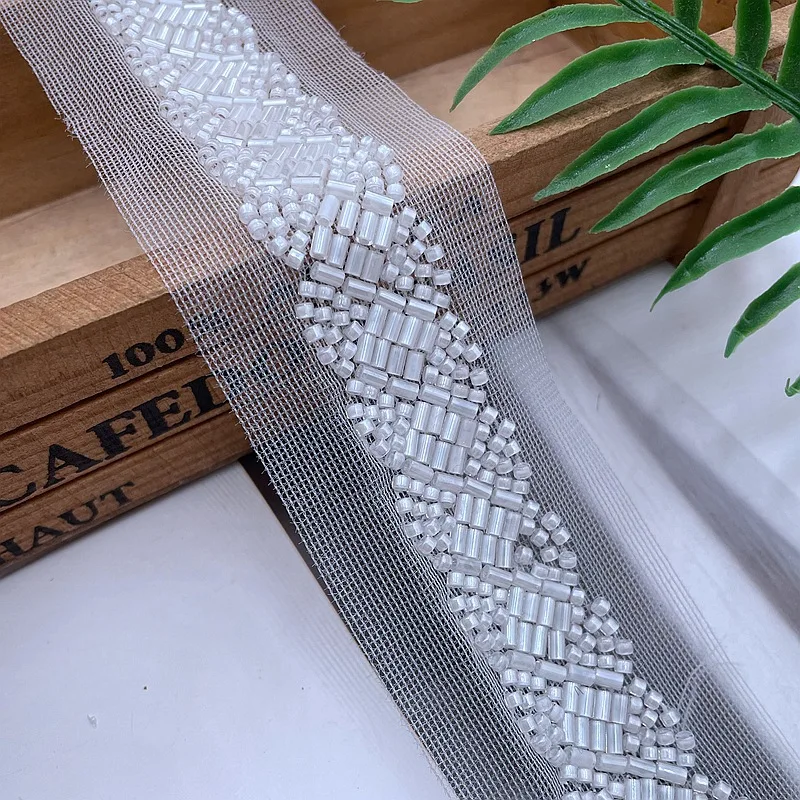 90cm Long White Gold Pearl Beaded Lace Fabric Embroidered Lace Ribbon Trim Beaded Sewing Material Clothing Accessories Wedding