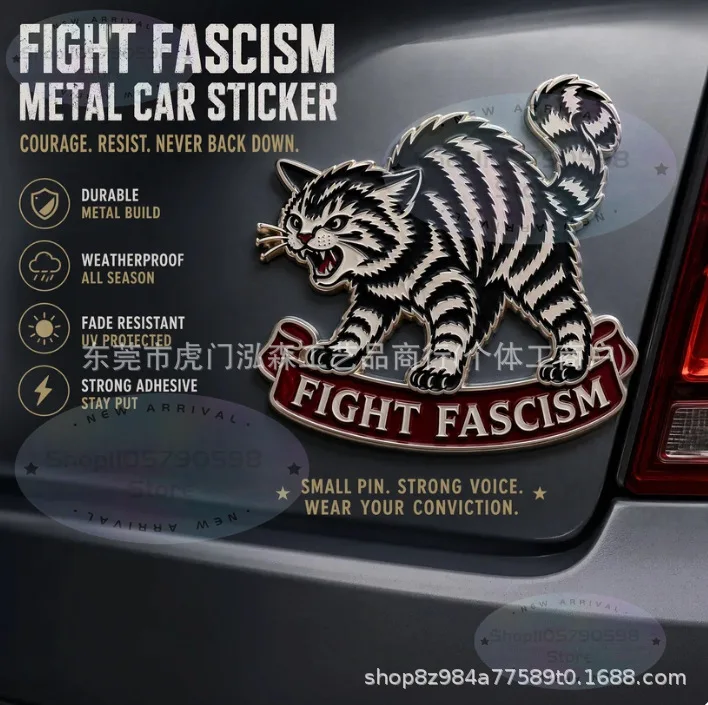 Fight Fascism Cat Pin, Bold Statement Anti Fascist Enamel Brooch,Vintage Enamel Lapel Pin, Striped Cat with Red Banner