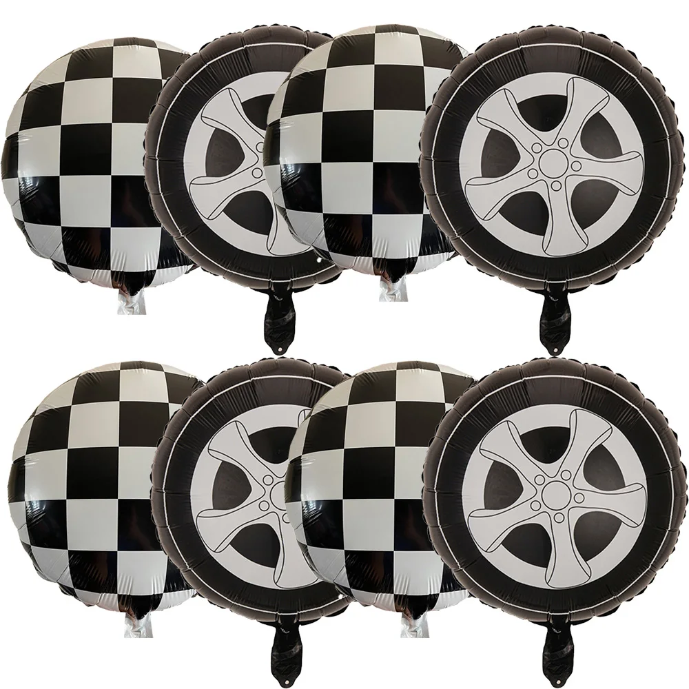 

24Pcs Race Car Foil Balloons Birthday Party Decorations Two Fast Wheel Tire Black and White Checkered Cars Party Supplies