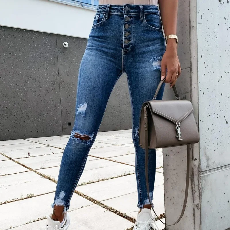 

Fashion Women Hole Bleached Vintage Push Up Slim Denim Pants 2021 Spring Autumn New High Street Elasticity Skinny Jeans Female