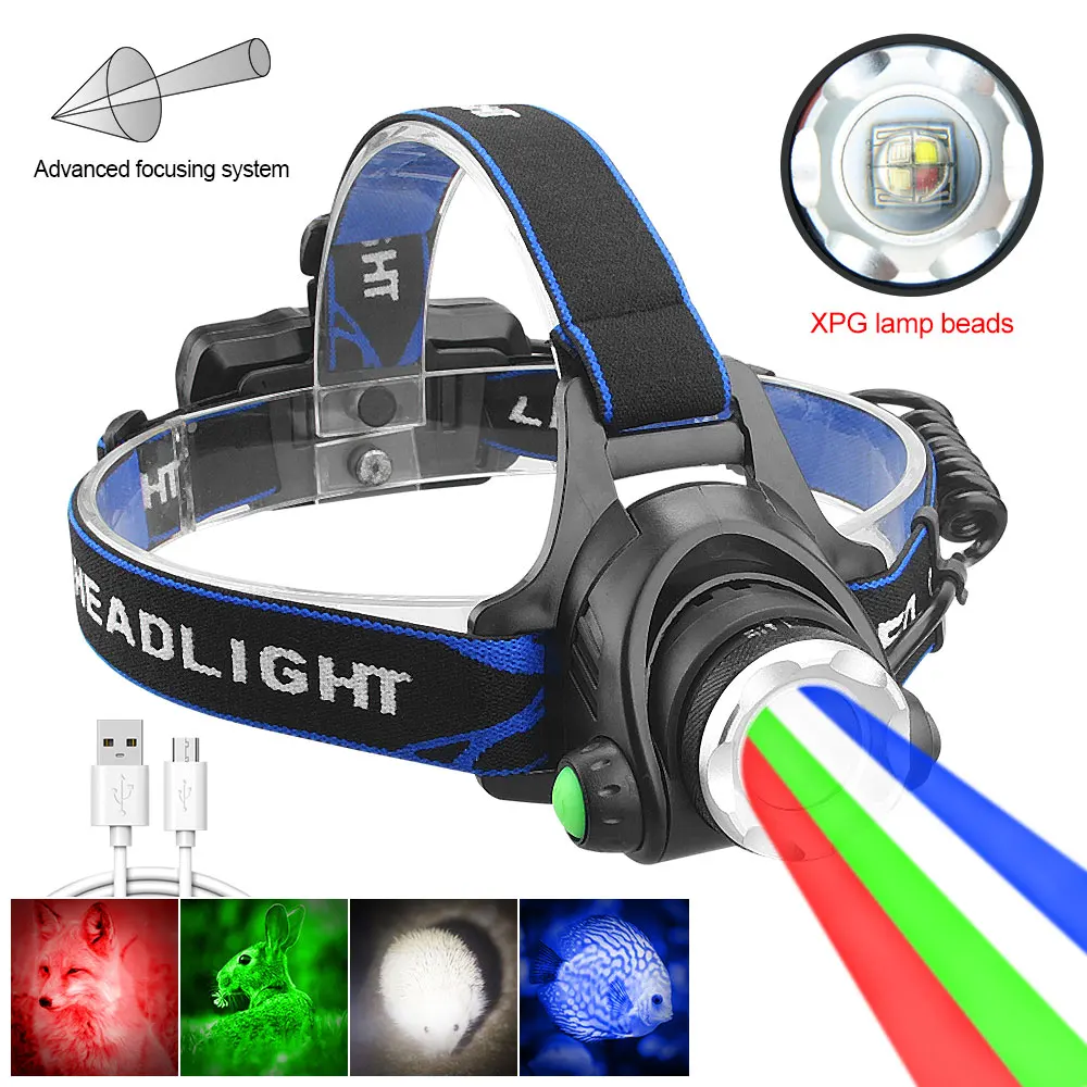 

LED Zoom Headlight Flashlight 4-color Light Source USB Rechargeable Camping Headlamp Hunting Head Light Torch Fishing Head Lamp