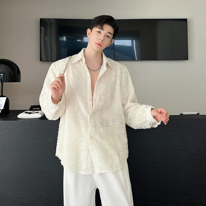 Premium Men Shirt Solid Color Lapel Long Sleeve Button Casual Men Clothing Streetwear Korean Fashion Party Dress Shirts