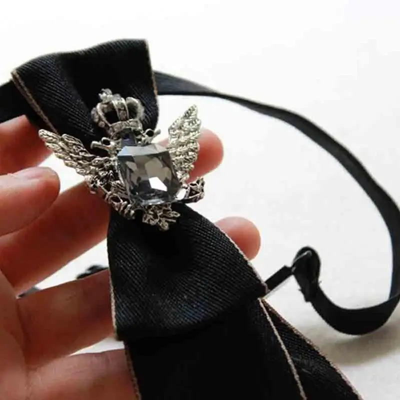 39BD Men Vintage Necktie Gothic for Rhinestone Metal Chain Wedding Party Pre-Tied Bow