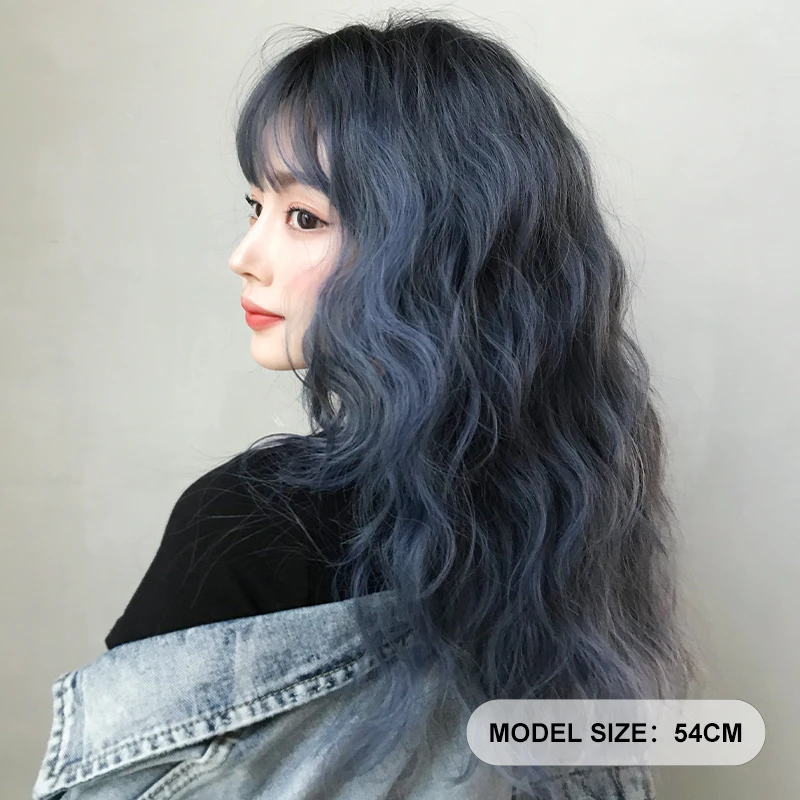 7JHHWIGS Shoulder Length Loose Wave Blue Wigs with Dark Roots High Density Synthetic Layered Curly Wavy Hair Wig for Women Daily