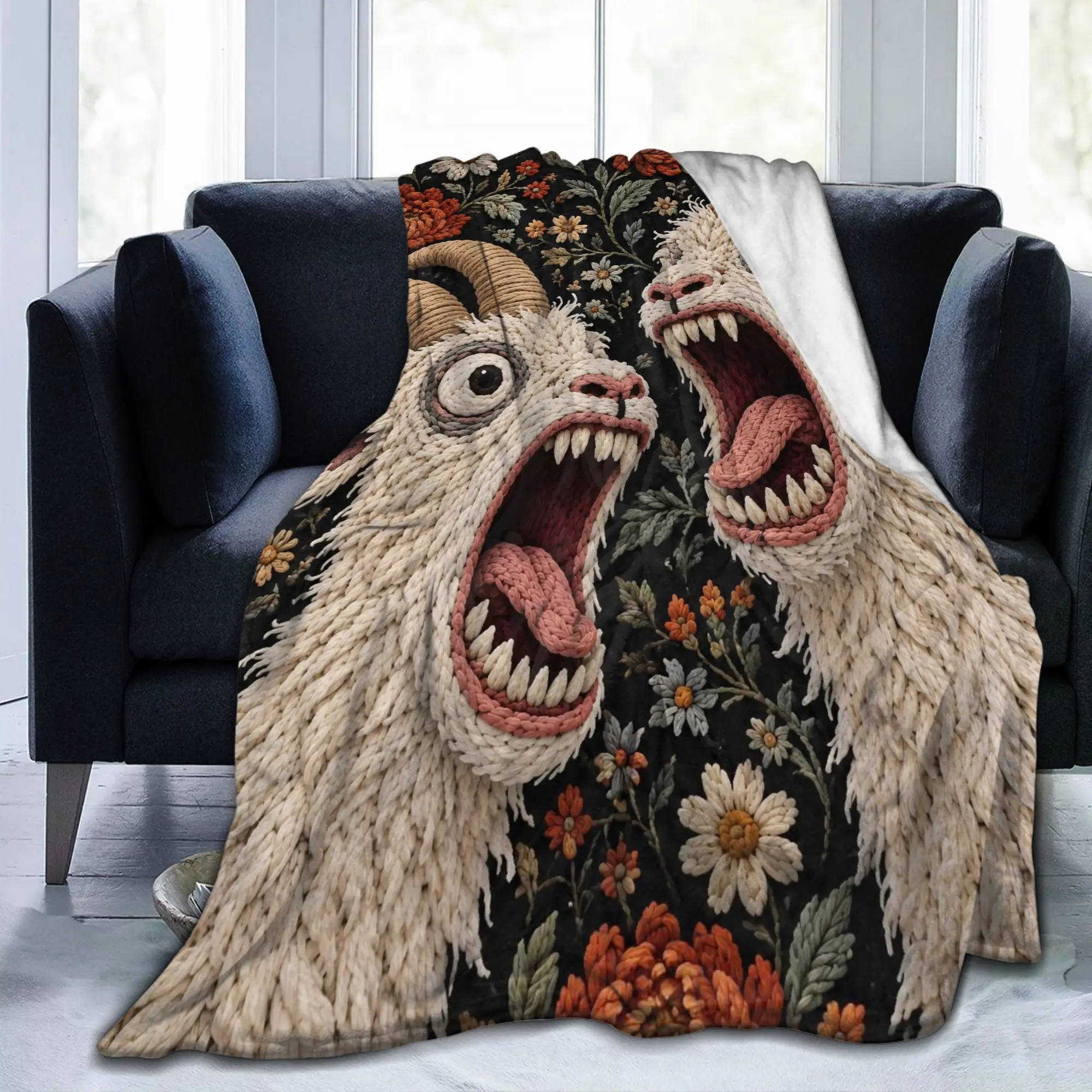 Screaming Goat Horror Gothic Floral Blankets Flannel Spring Autumn Halloween Portable Lightweight Bedding Throw Blankets Couch