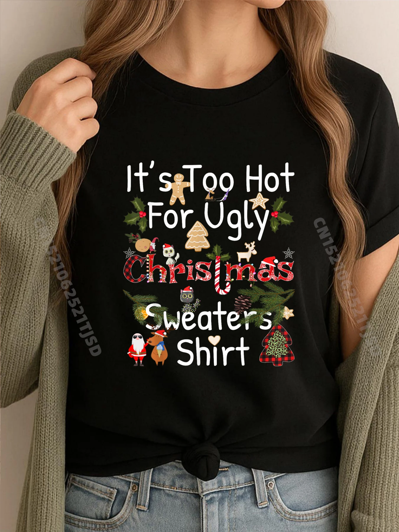 

Забавные рождественские свитера It Too Hot For Ugly Christmas, футболка большого размера, распродажа, топы и футболки больших размеров в стиле Харадзюку