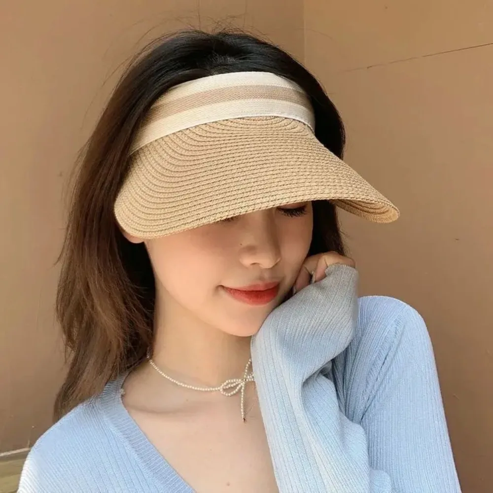 Foldable Beach Hat Women Sun Hats Female Outdoor Summer Hat Visor Caps Brethable Empty Top Straw Cap Anti-UV Wide Brim Beach Cap