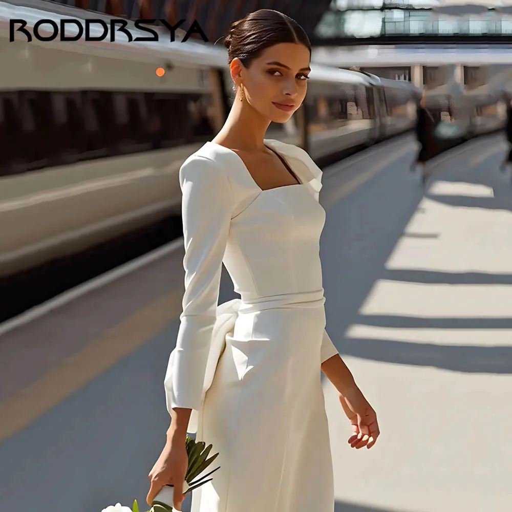 RODDRSYA Witte Lange Mouw Hofzaal Trouwjurken Met Strik Satijn Zeemeermin Bruidsjurk Vierkante Hals vestidos de novia Aangepast