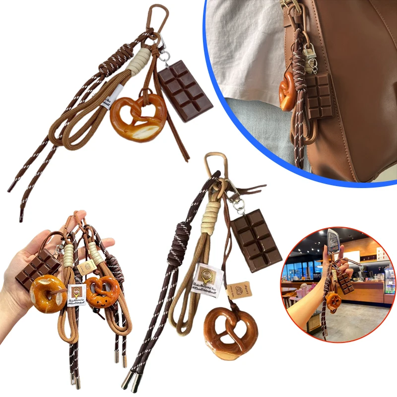 1Pcs Braided Rope Bag Pendant Keychain Alkaline Water Bread Chocolate Pendant Cute Car Backpack Hanging Decoration Key Ring Gift