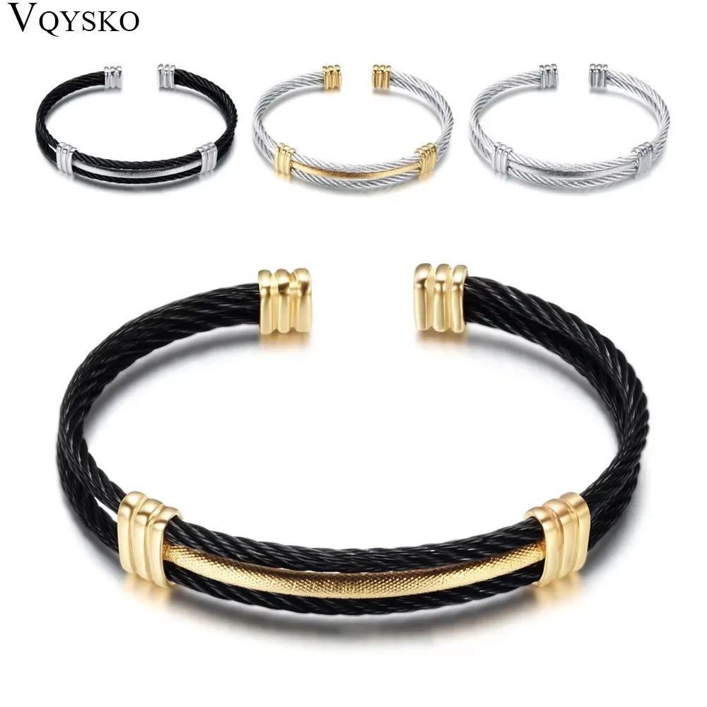 VQYSKO Armreif aus 316L Edelstahl mit Kabeldraht für Damen und Herren, offener Armreif im Punk-Stil