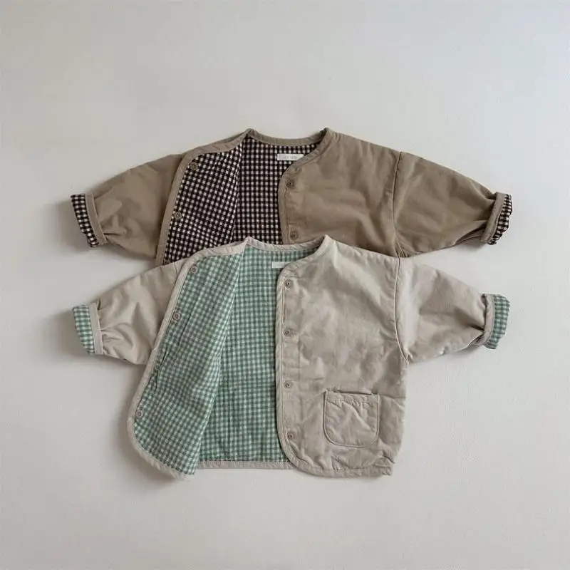 

2024 Autumn New Baby Reversible Coat Cotton Infant Girl Long Sleeve Plaid Cardigan Toddler Boys Casual Jacket Children Clothes