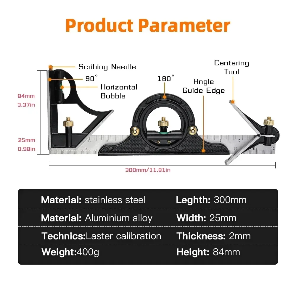 3IN1 Stainless Steel Carpentry Carpenter Engineer Multi Combination Rectangular Ruler Set Protractor Measuring Tool