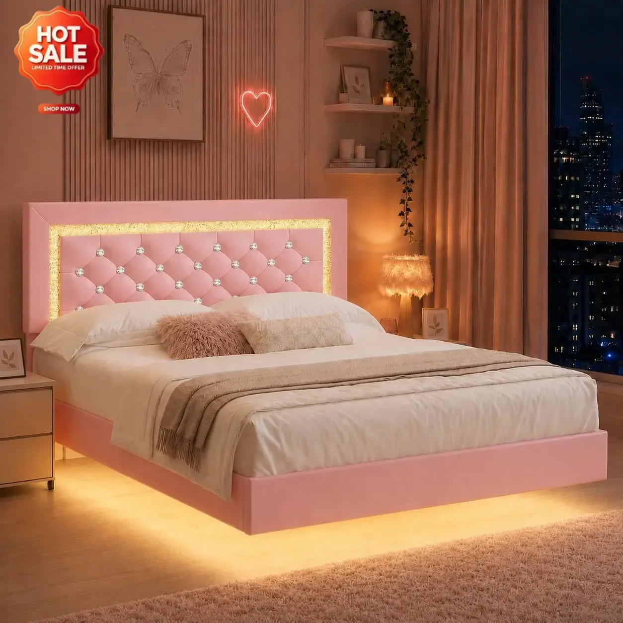 Floating Bed Frame Queen with LED Lights and Diamond Headboard,Pink | Upholstered Bed Frame, No Box Spring Needed, Noise Free, E