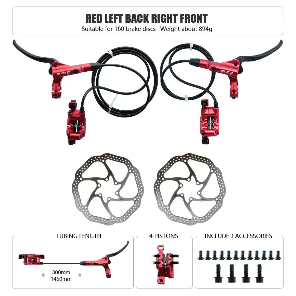 Zoom HB-876 4 Zuiger Opvouwbare Mountainbike Schijf Hydraulische Rem Set Voor 800 Achter 1400 Mm Mtb Fiets Kramp Rode Fietsonderdelen