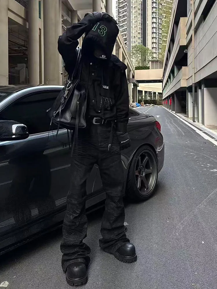 

American Vibe k Sle Street Cool 3D Pleated Jeans Men Straight Leg Micro Flared Slimming Long Trousers