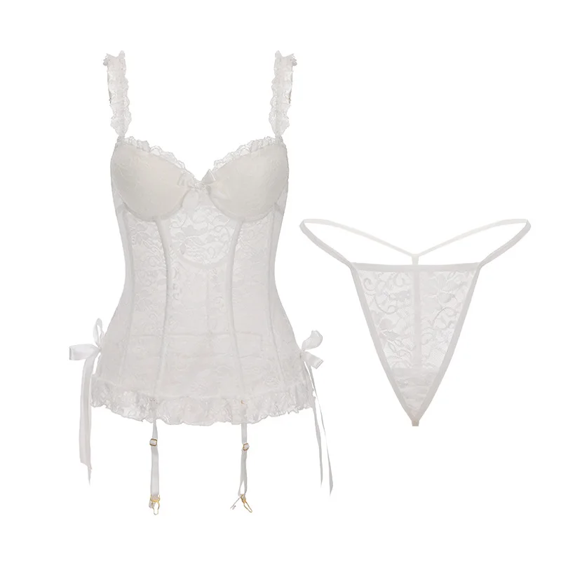 

Sexy Dress With Chest Pads Underwire Push-up Lace Sheer Tight-fitting Bodysuits Uniform Backless Deep V Sleeveless Dress MQXS